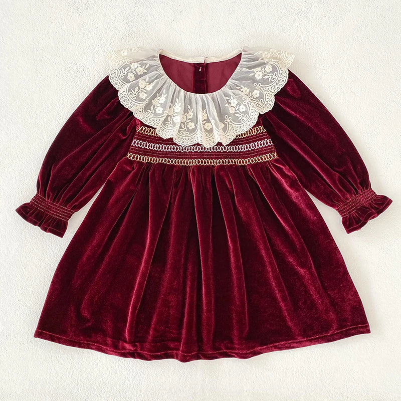 Girls Red Christmas Dress with White Lace Collar