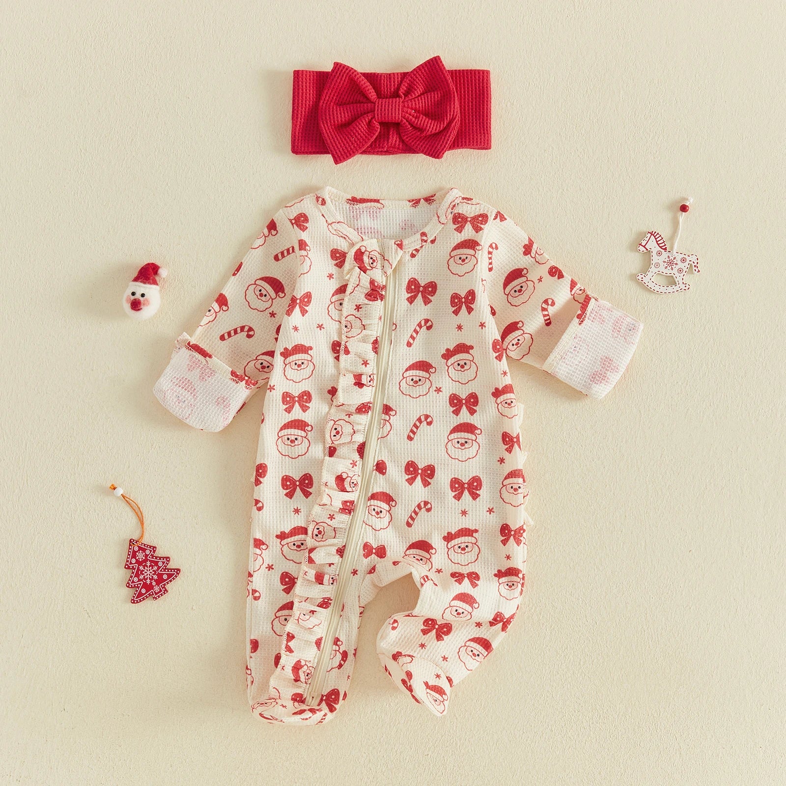 Baby Girl Santa Christmas Zipper Romper & Headband Set