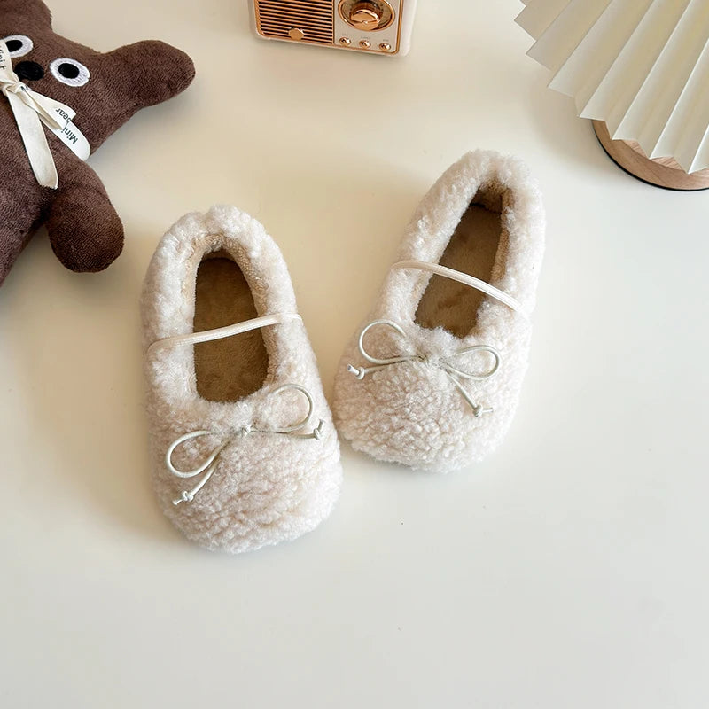 Toddler Girls Winter Mary Jane Flats - Warm Fur Bowtie Shoes
