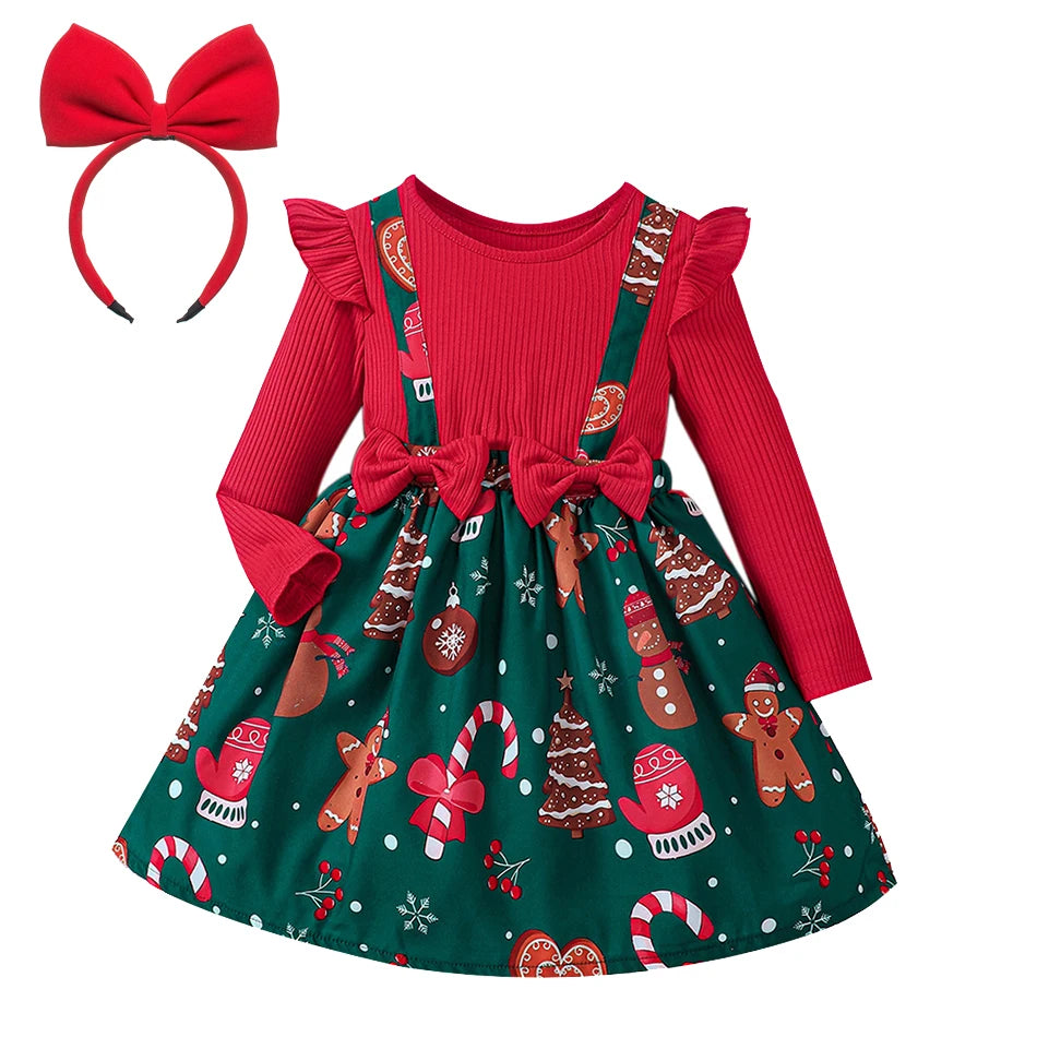 Girls Christmas Print Ruffle Dress