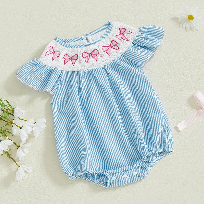 Smocked Bow Embroidered Baby Girl Romper