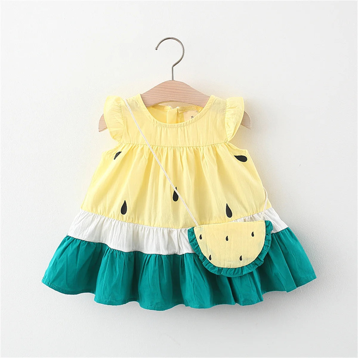 Cute Watermelon Print Flutter Sleeve Dress & Bag Set