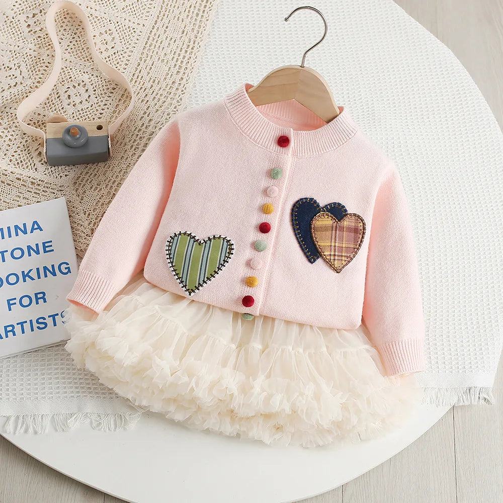 Girls Knitted Cardigan and Tutu Skirt Set - Heart Patchwork 2PCS