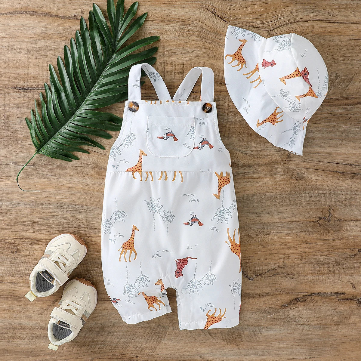 2-Piece Animal Print Summer Overalls & Hat Set
