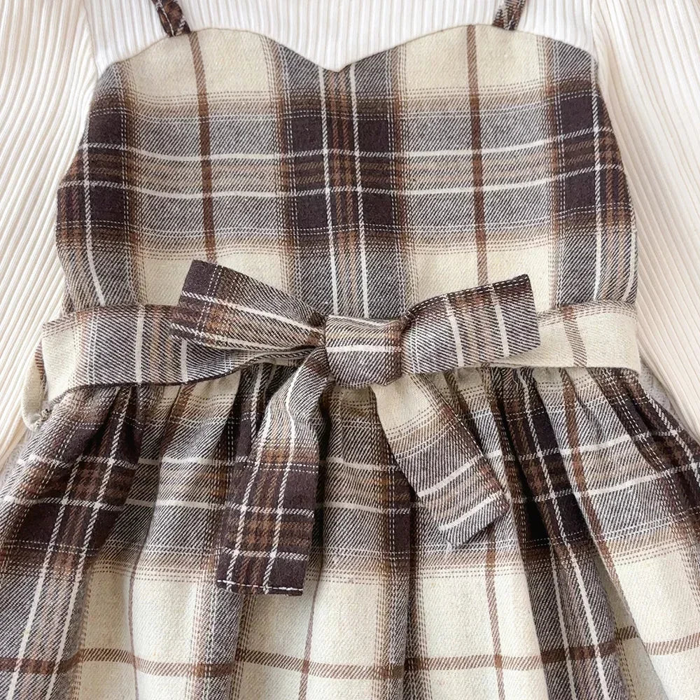 Girls' Plaid Dress Outfit with Belt & Hat - Autumn Casual Style