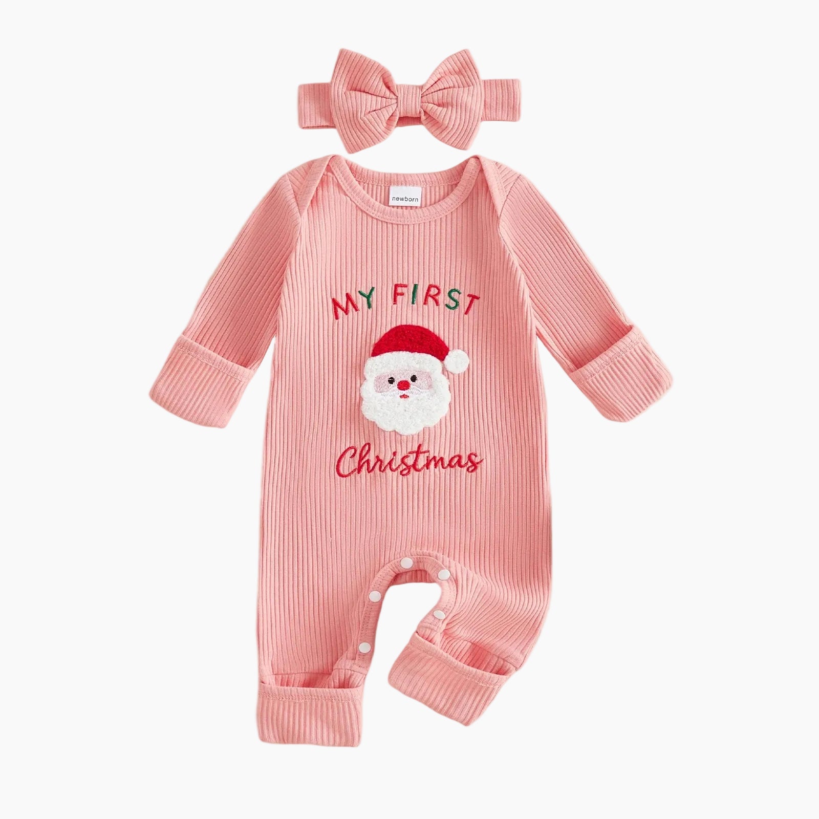 Newborn Baby Girl My First Christmas Santa Jumpsuit & Headband Set