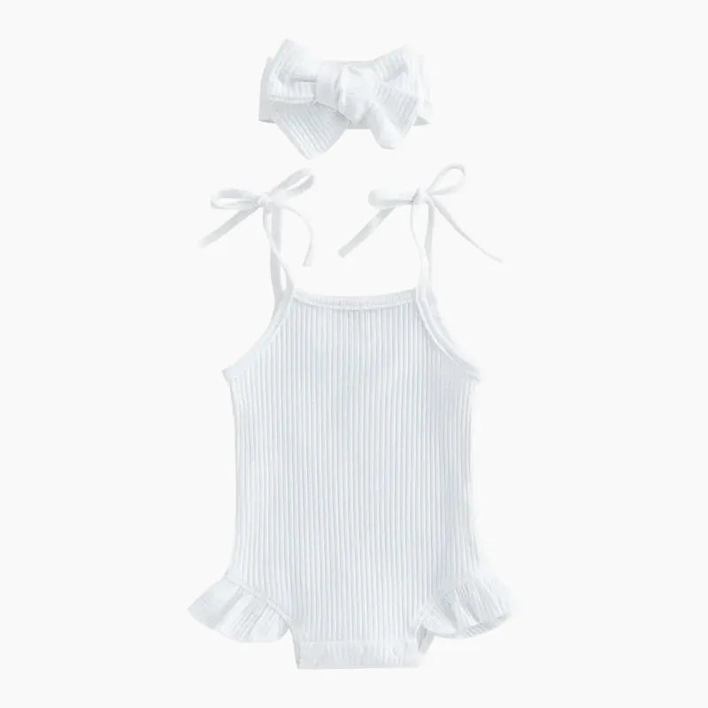 Baby Girl Ribbed Knit Tie-Up Strap Ruffle Romper & Headband Set