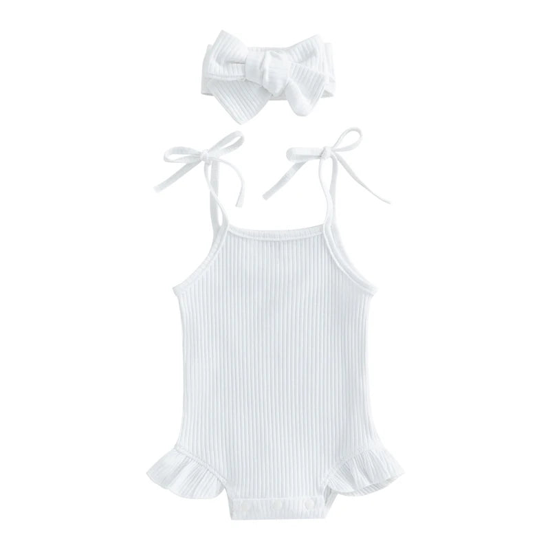 Baby Girl Ribbed Knit Tie-Up Strap Ruffle Romper & Headband Set