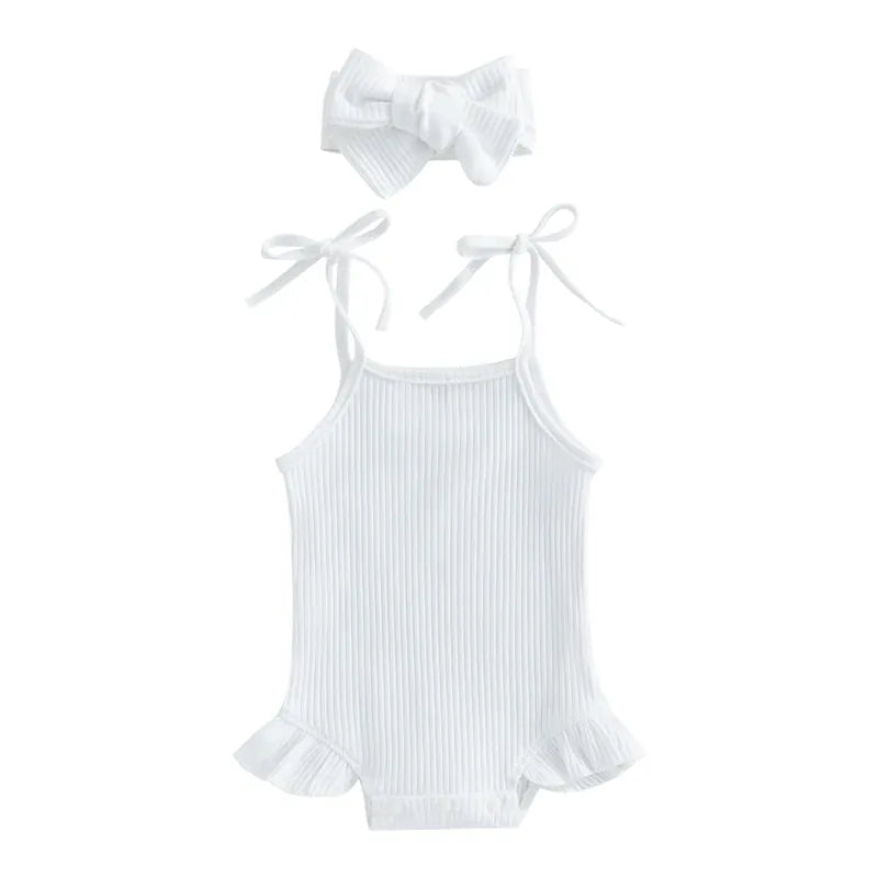 White / 0-3M Baby Girl Ribbed Knit Tie-Up Strap Ruffle Romper & Headband Set