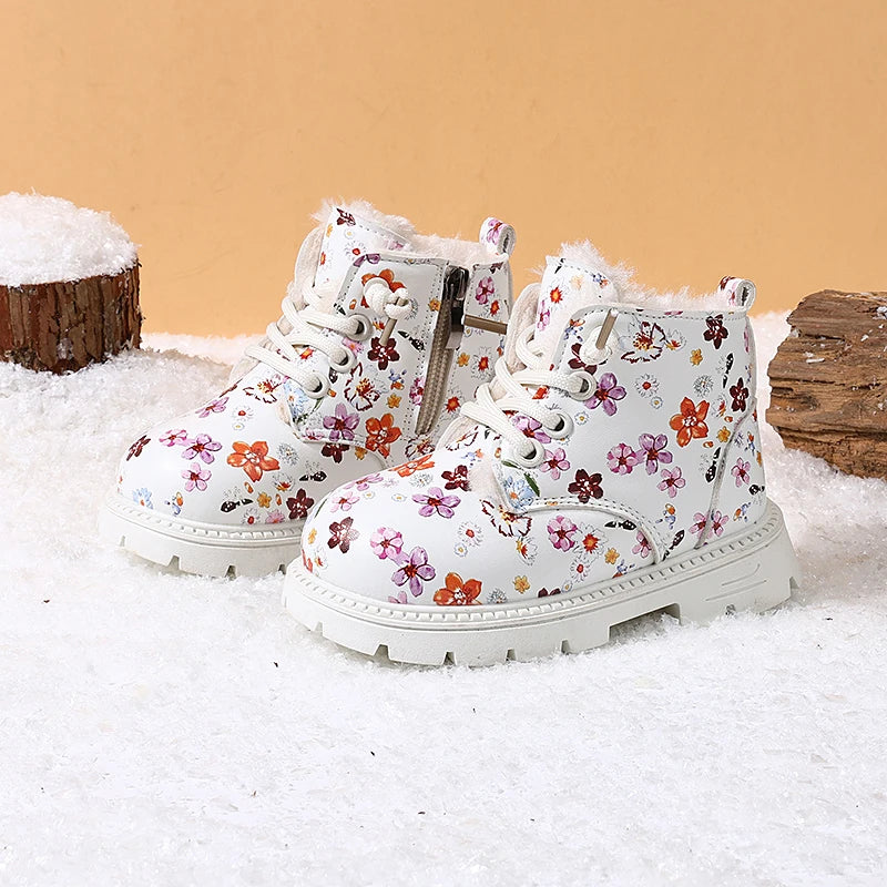 Girls Floral Leather Warm Plush Snow Boots
