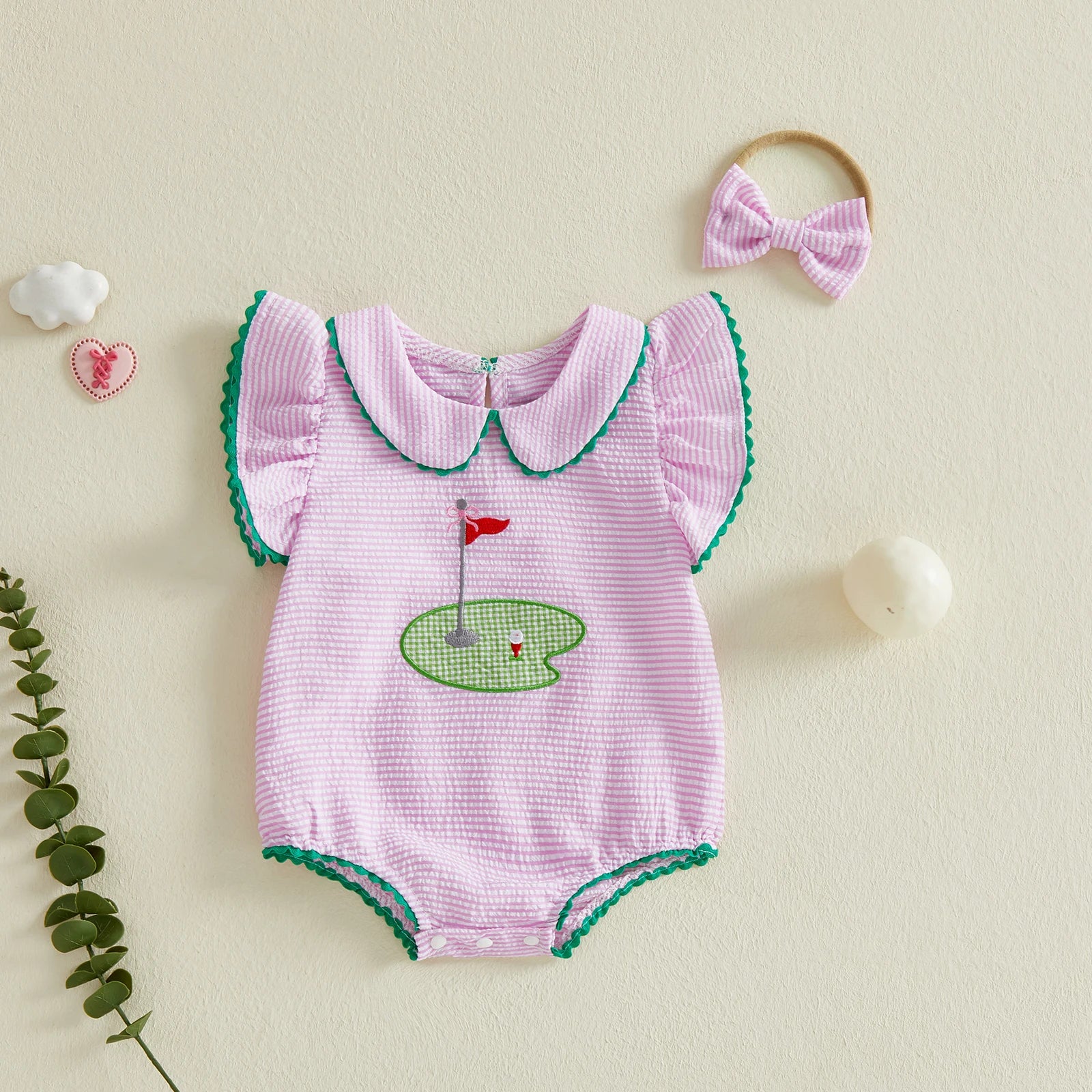 Girls' Golf Embroidery Seersucker Romper Set