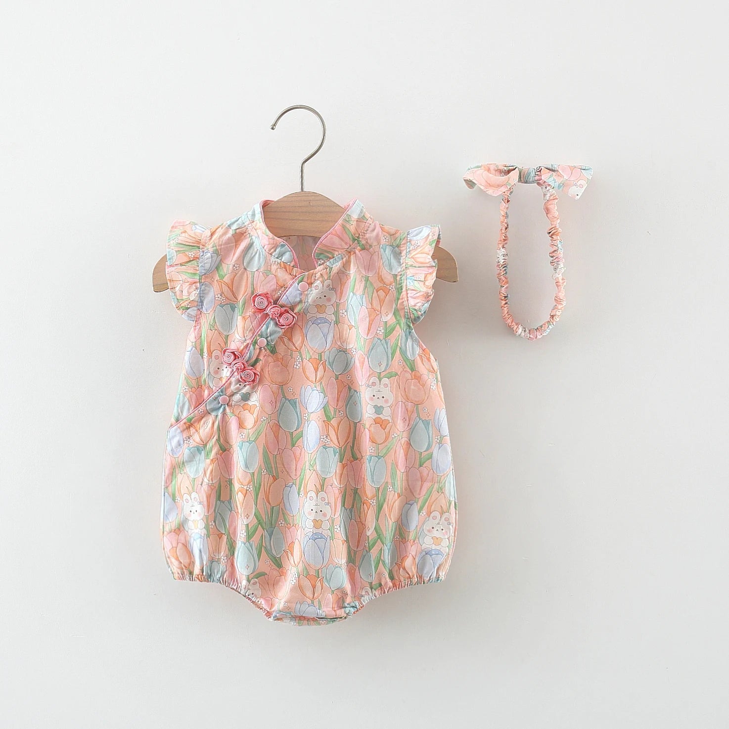 Chinese Style Floral Qipao Romper & Bonnet Set