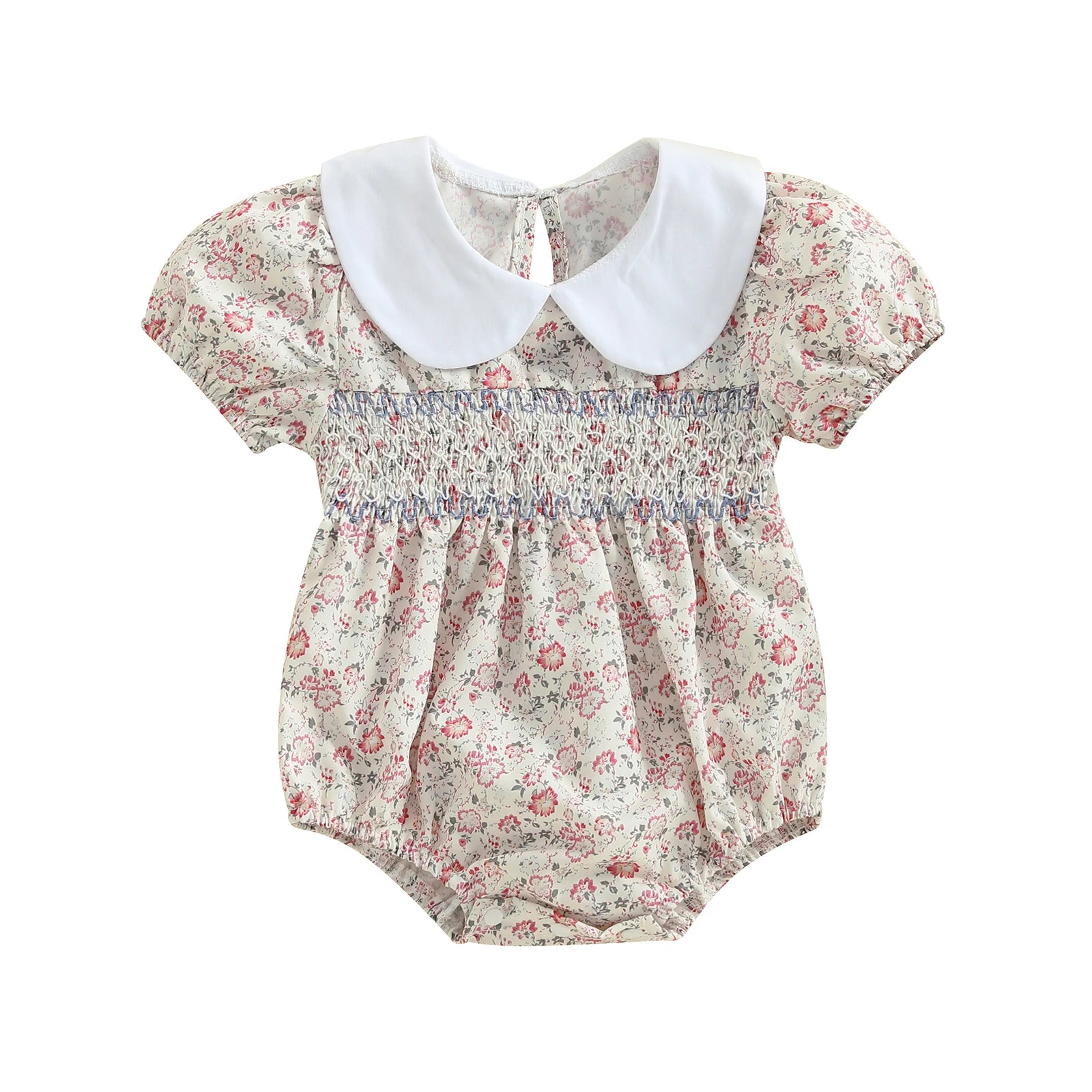 Baby Girl Floral Smocked Doll Collar Puff Sleeve Romper