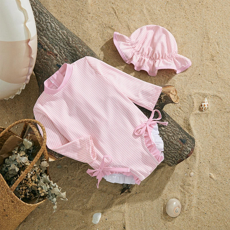 Girls Long Sleeve Striped Swimsuit with Hat