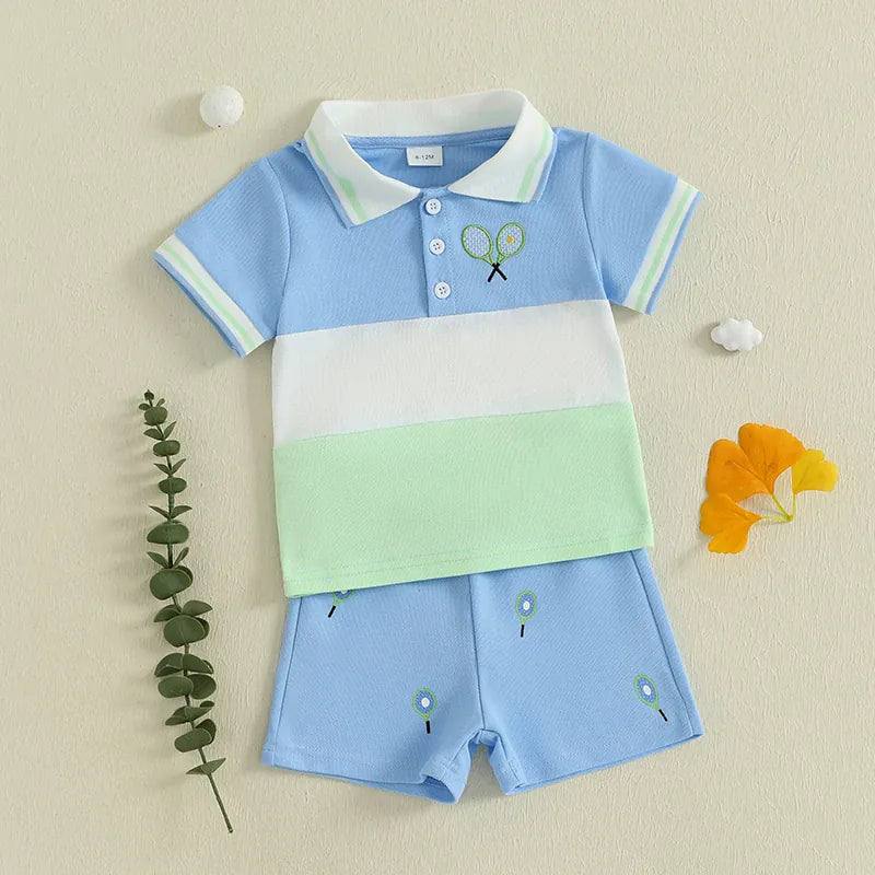 Baby Boy Tennis Ball Pattern Polo T-Shirt & Elastic Shorts 2-Piece Summer Set