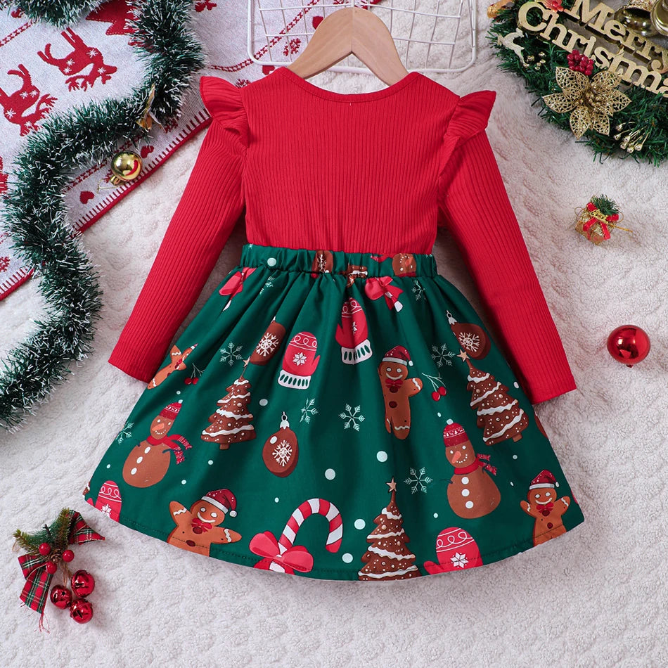 Girls Christmas Print Ruffle Dress