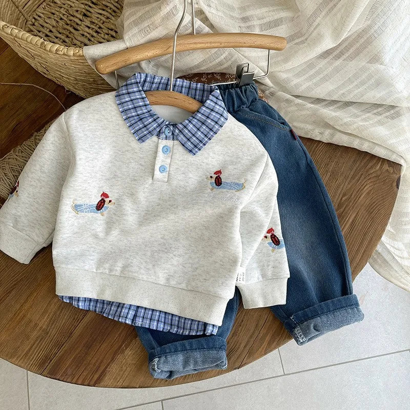 Boys Embroidered Plaid Collar Top & Pants Set
