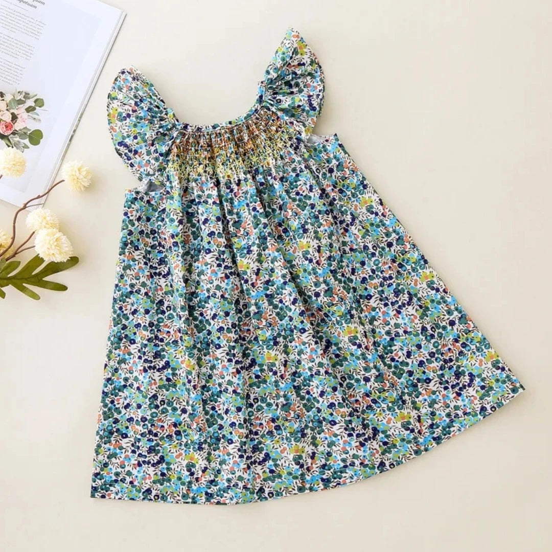 Girls' Summer Smocked Floral Dress with Ruffle Sleeves