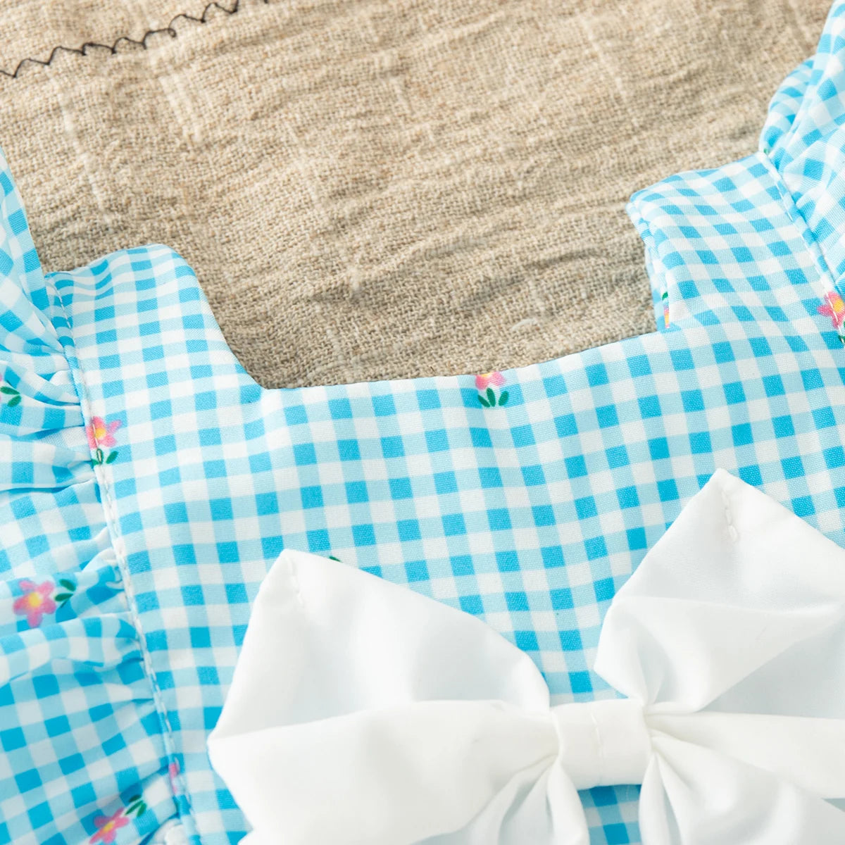 Baby Girl Blue Checkered Sleeveless Dress with Flower Bow Detail