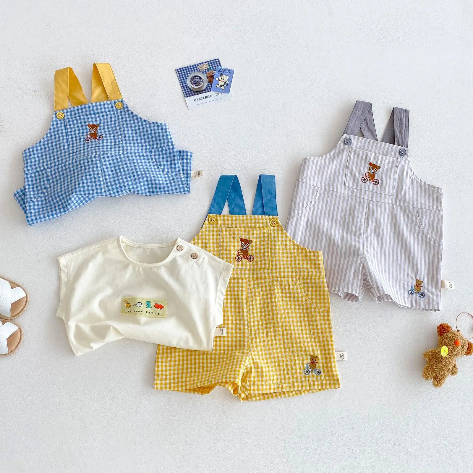 Unisex Checkered Overalls with Bear Embroidery