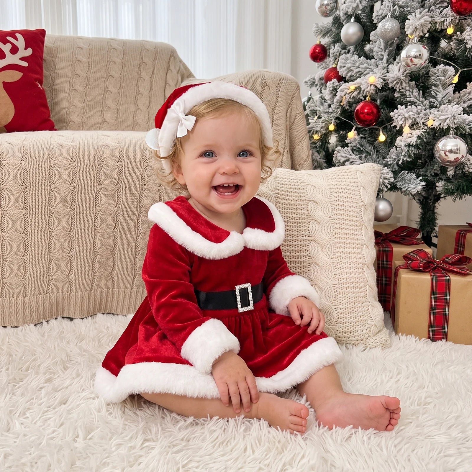 Baby Girl Christmas Romper & Santa Hat Set