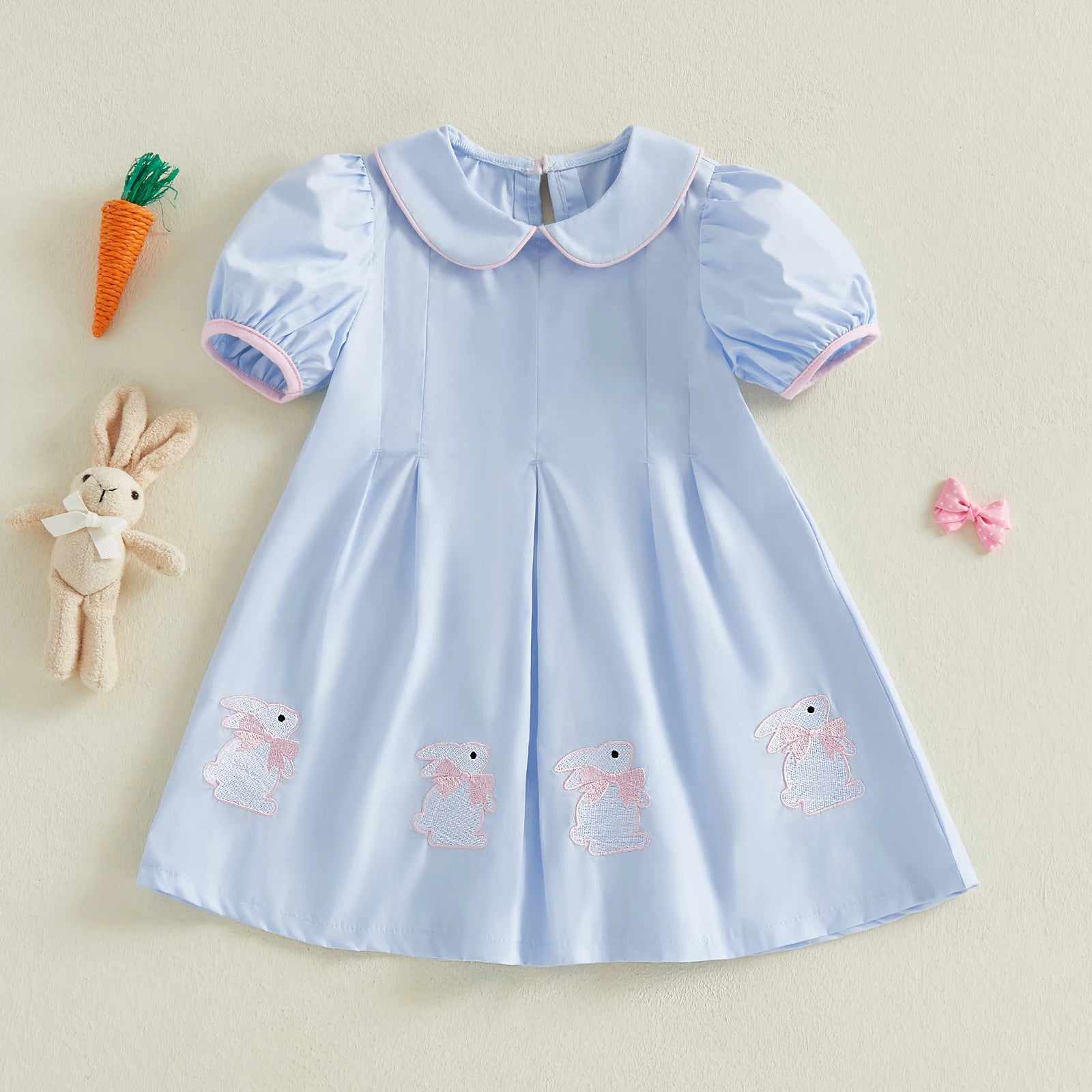 Toddler Girl Embroidery Bunny Doll Collar Short Sleeve A-Line Princess Dress