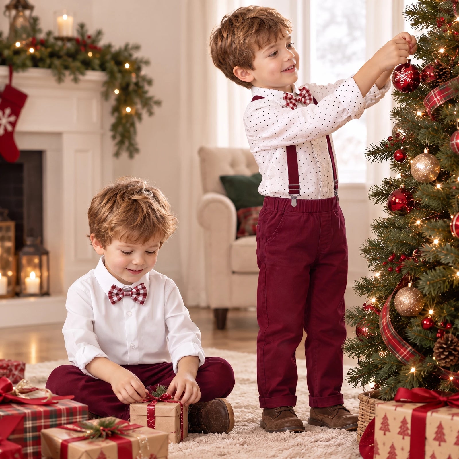 Boys Christmas 4-Piece Shirt, Bow Tie, Suspenders & Pants Set