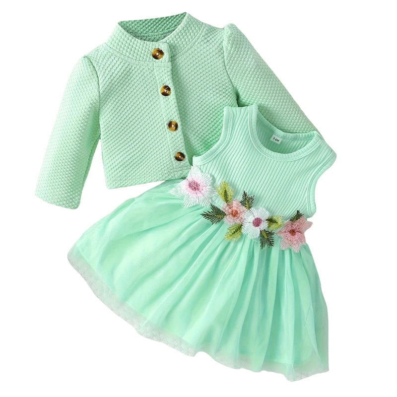 Baby Girl Fall Outfit - Floral Tulle Dress & Cardigan Set