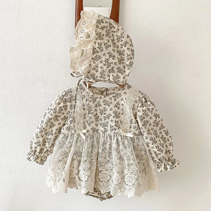 Baby Girl Lace Trim Long Sleeve Romper with Matching Hat