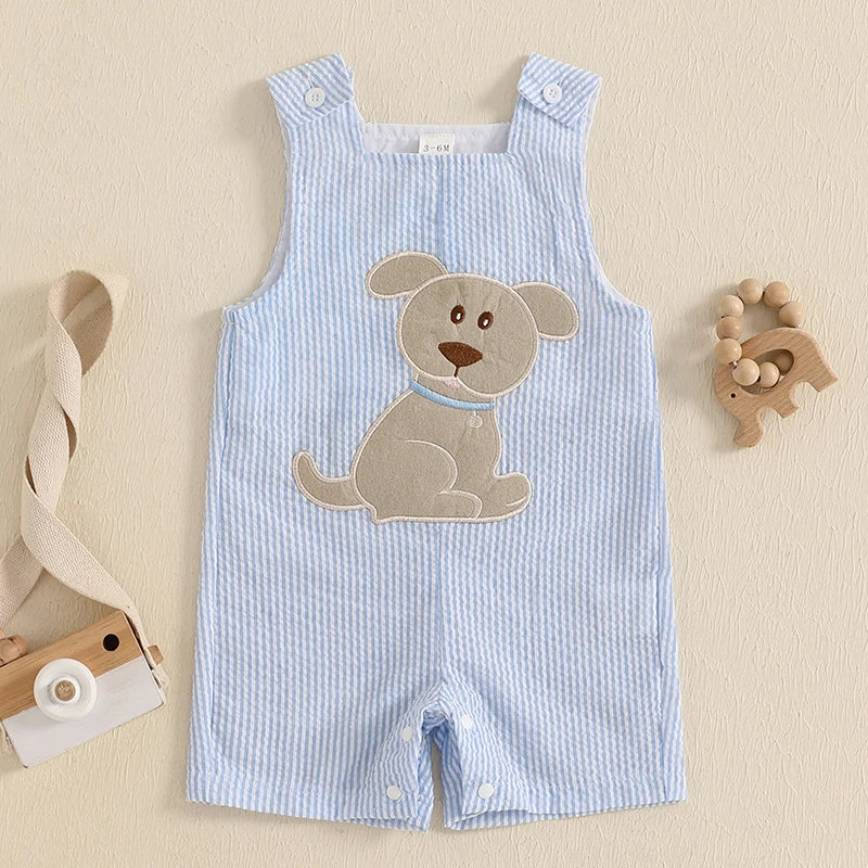 Dog Embroidered Seersucker Overalls for Toddlers