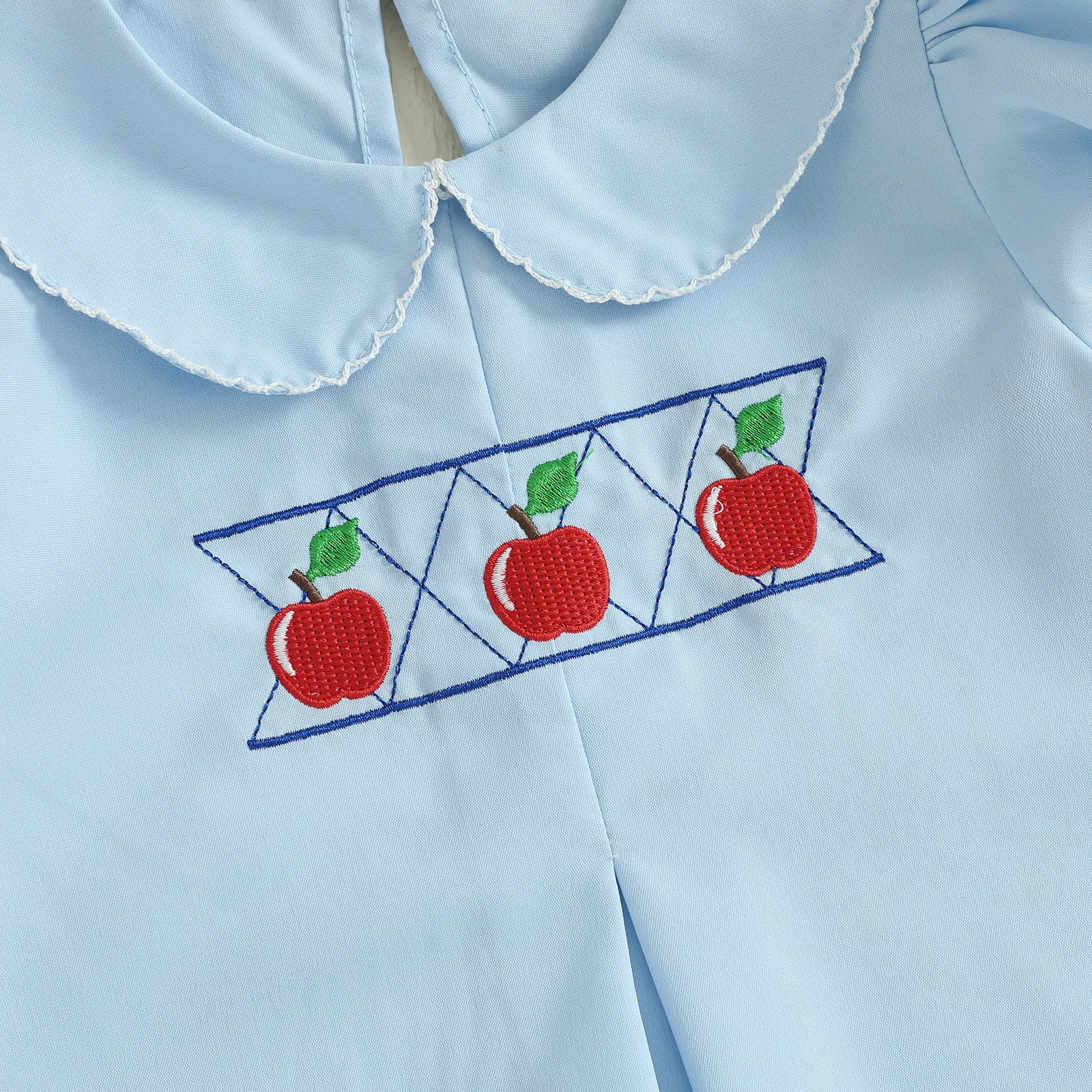 Back-to-School Apple Embroidered Blue Dress