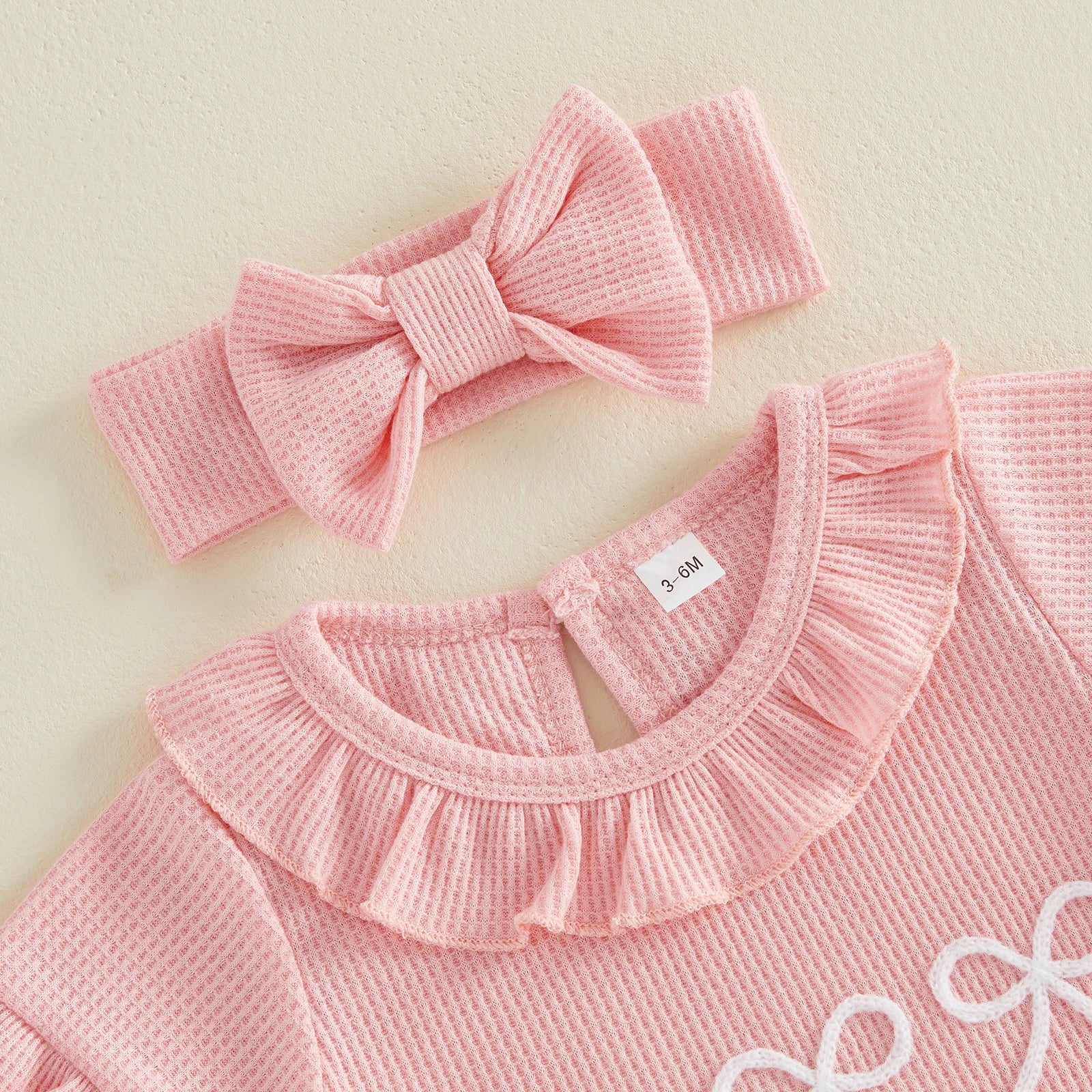 Baby Girl Ruffle Bow Embroidery Cotton Romper & Headband Set