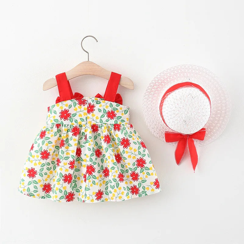 2-Piece Korean Style Floral Dress & Hat Set