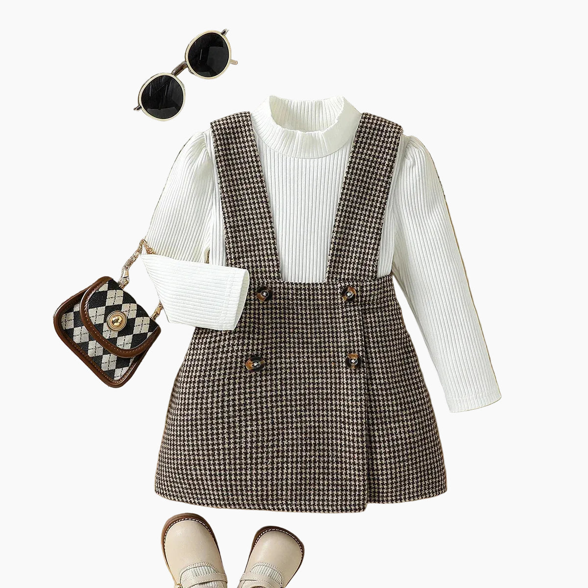 Girl's Plaid Strap Skirt Set - Long Sleeve Top & Skirt Outfit