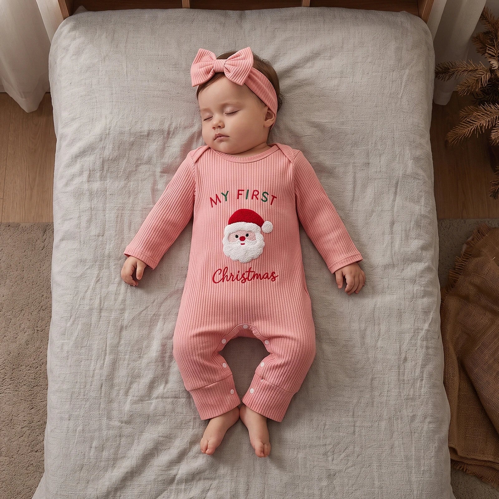 Newborn Baby Girl My First Christmas Santa Jumpsuit & Headband Set