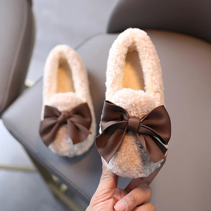 Girls' Fluffy Winter Flats with Bow