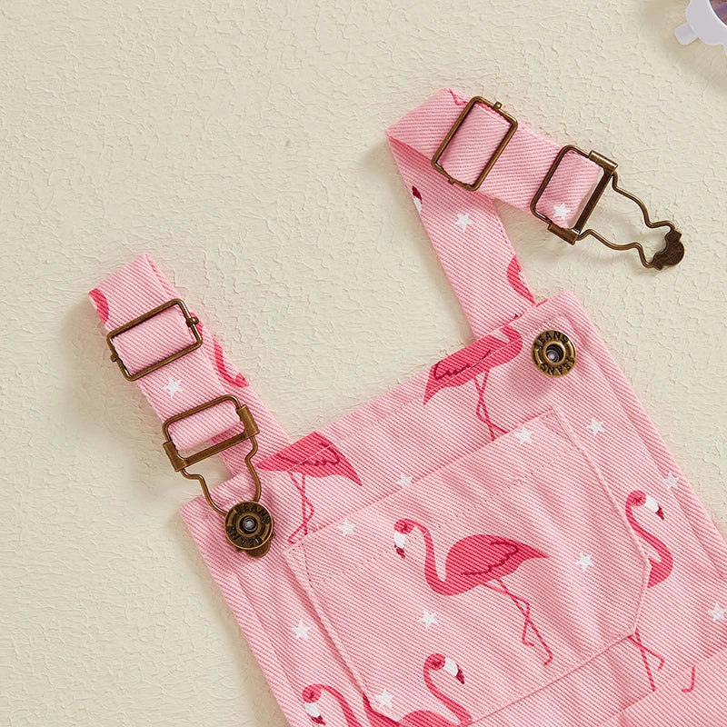 Girls Flamingo Print Denim Overalls