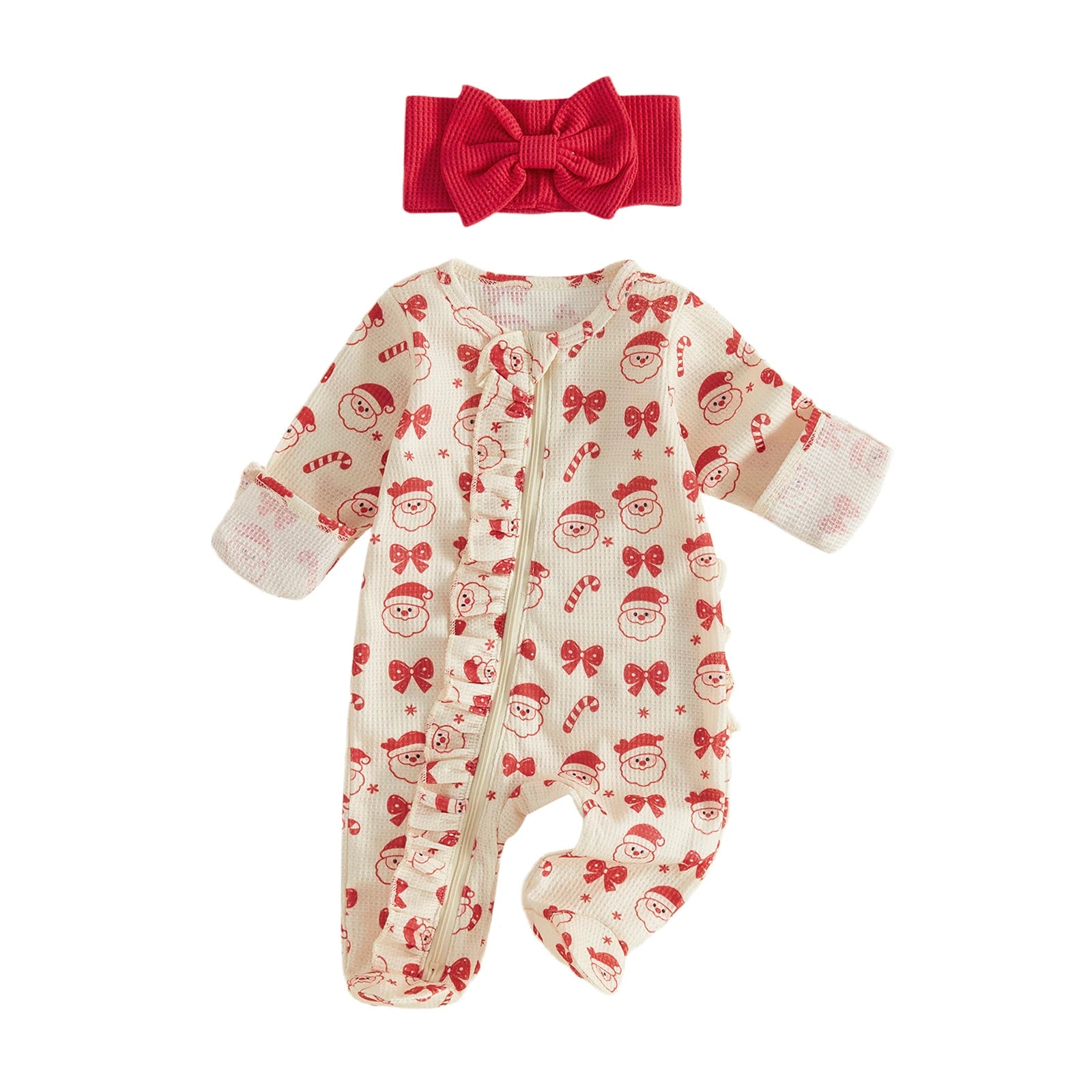 Baby Girl Santa Christmas Zipper Romper & Headband Set