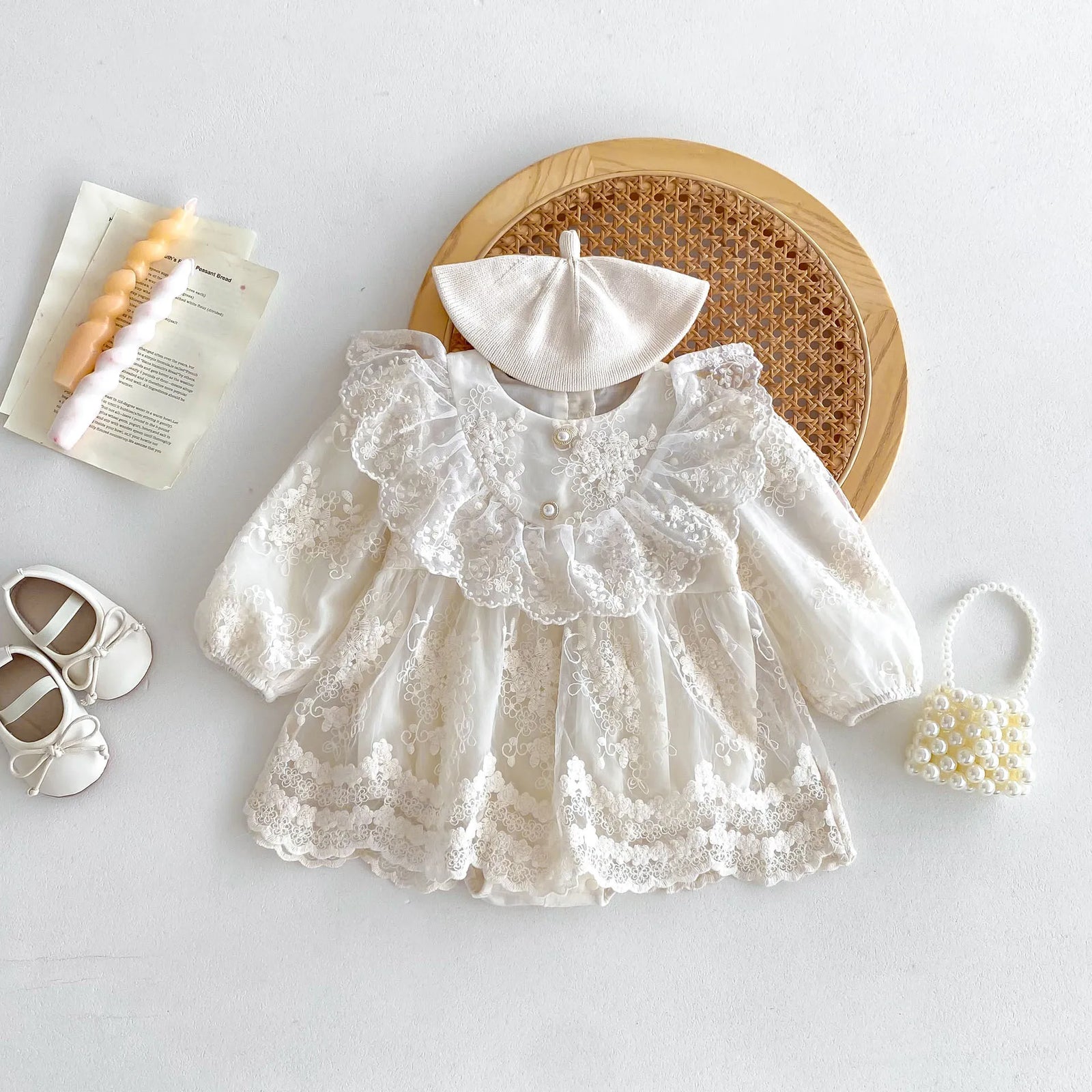 Baby Girl Vintage Lace Princess Romper Dress with Ruffled Collar