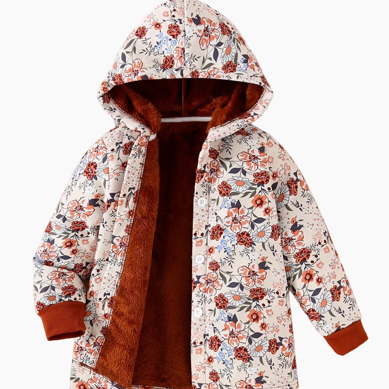 Floral Print Fleece-Lined Hooded Jacket