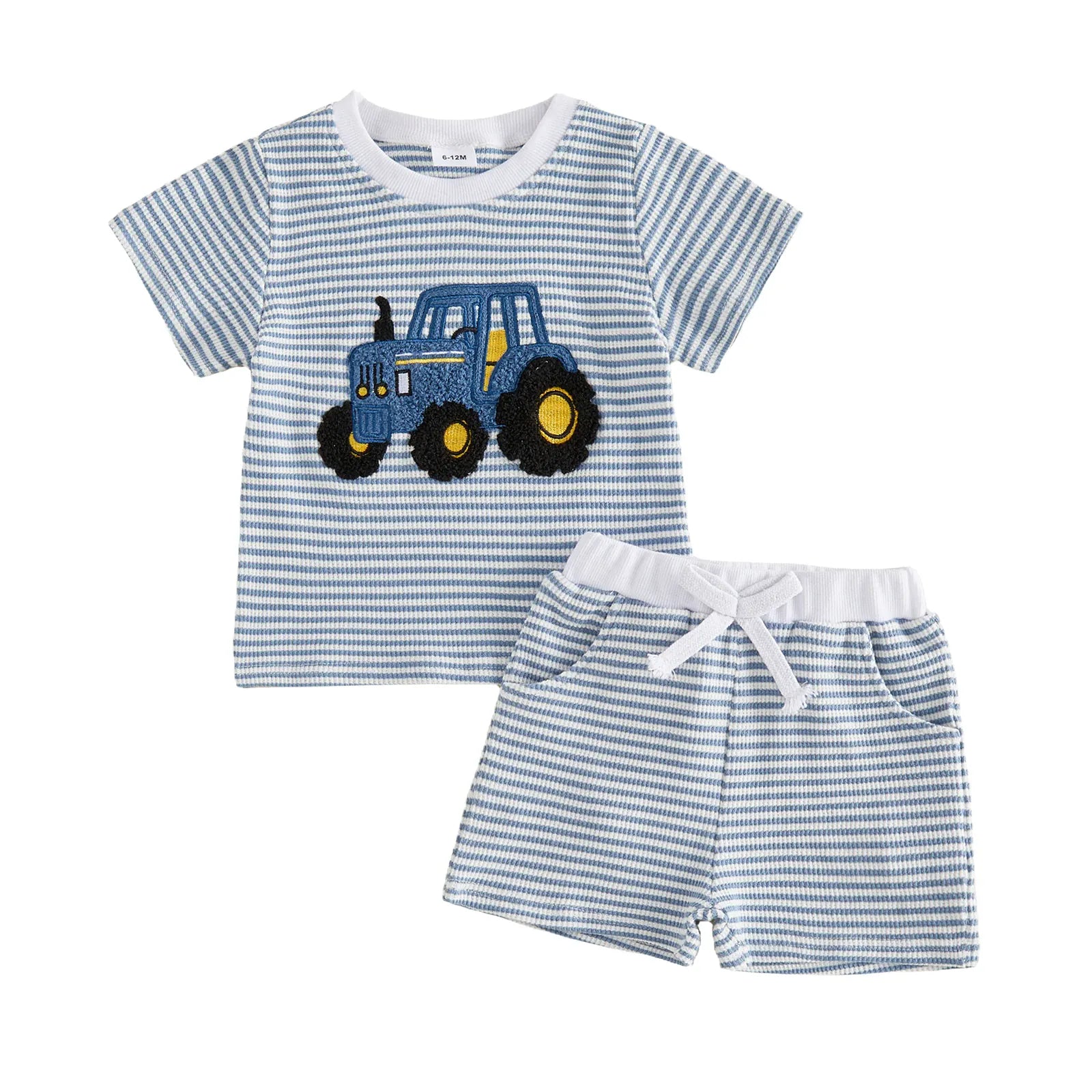 Baby Boy Vehicle Embroidery Waffle Stripe T-Shirt & Elastic Shorts 2-Piece Summer Set