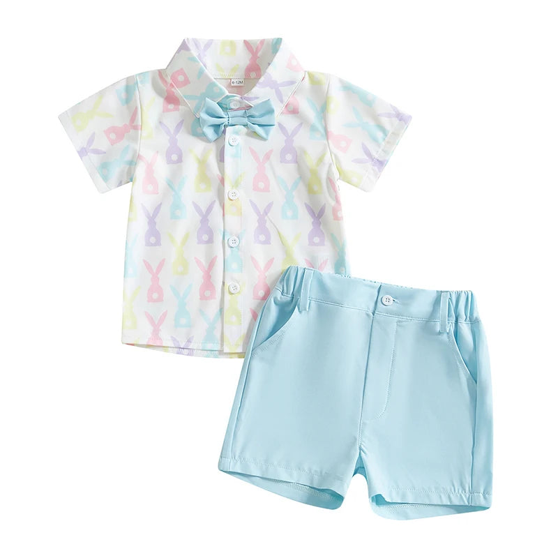 Bunny Print Shirt and Bow Tie with Shorts