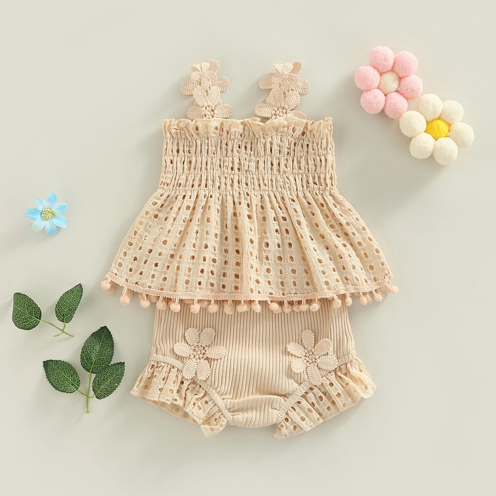 Baby Girl Eyelet Smocked Pom-Pom Tank Top & Ruffle Shorts 2-Piece Set