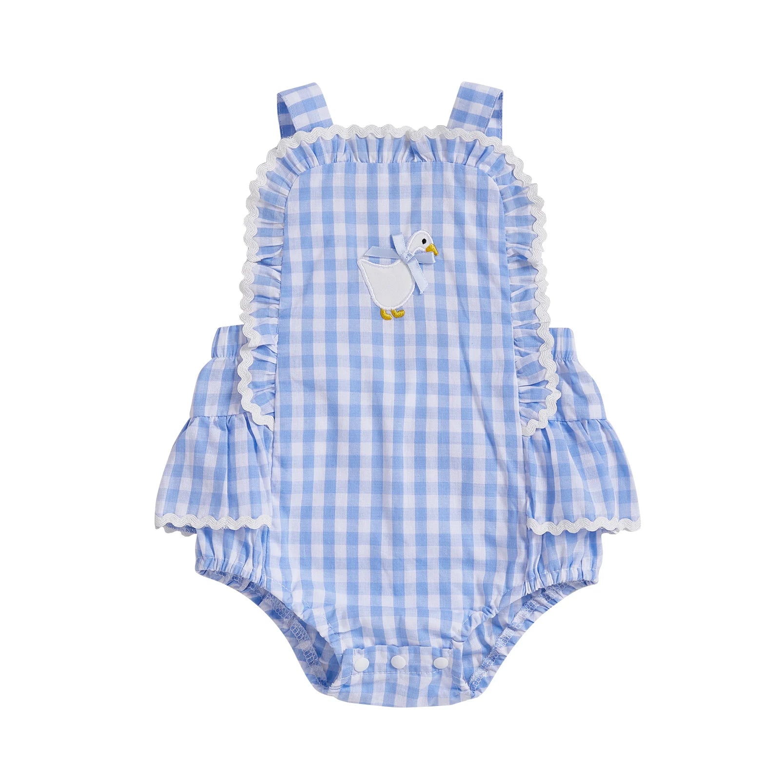 Baby Girl Plaid Duck Embroidery Bow Backless Sleeveless Romper