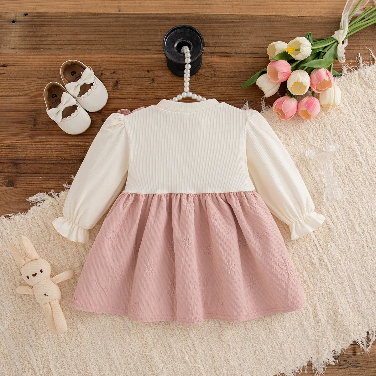 Girl Flower Print Bow Knit Dress - Soft & Long Sleeved