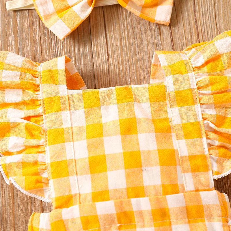 Baby Girl Ruffle Plaid Romper with Matching Headband
