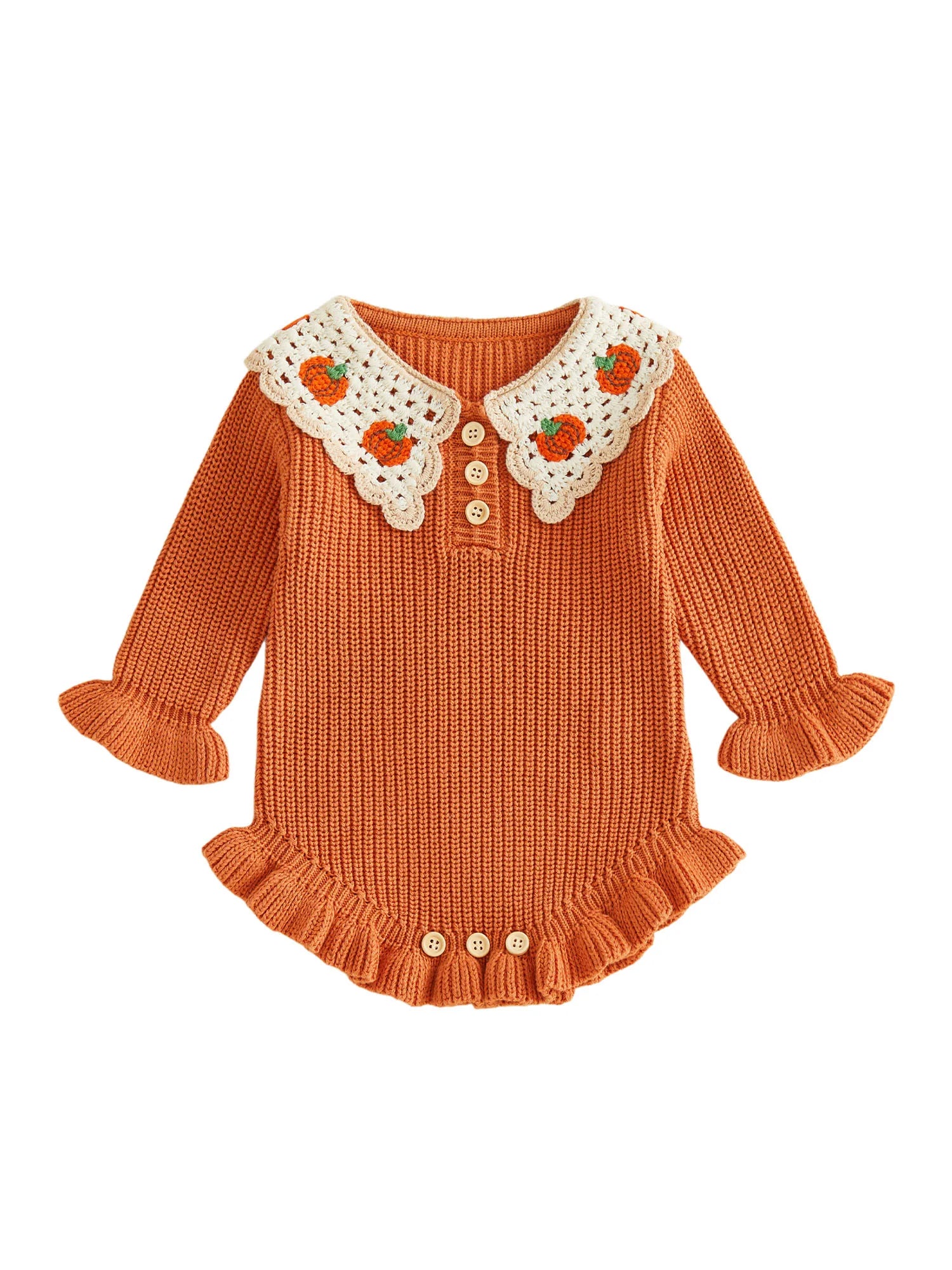 Baby Girl Pumpkin Embroidered Knit Romper