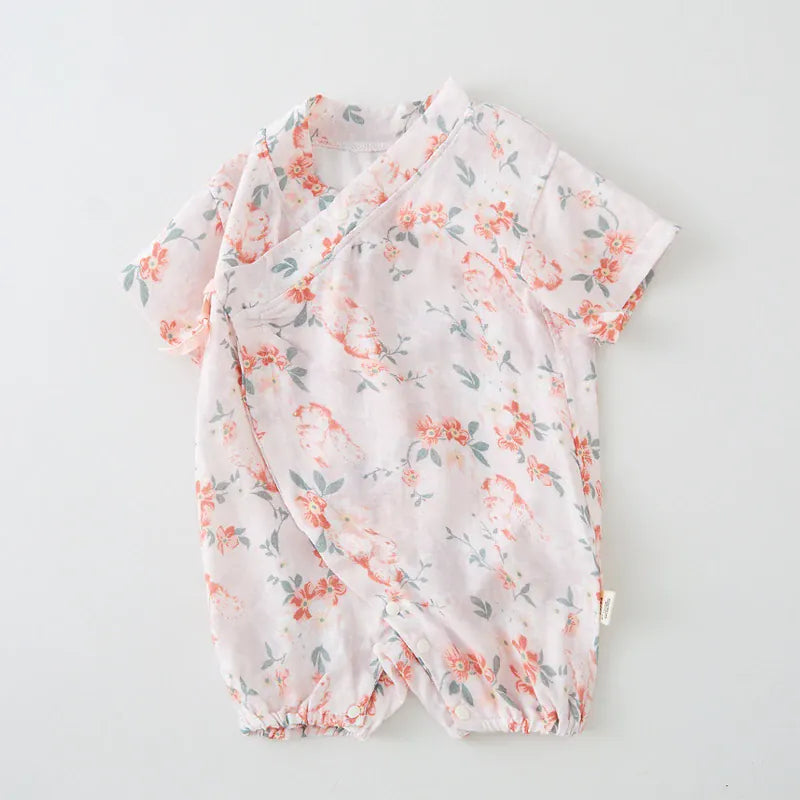 Blush Blossom / 0-3M Baby Double Layer Muslin Kimono Onesie