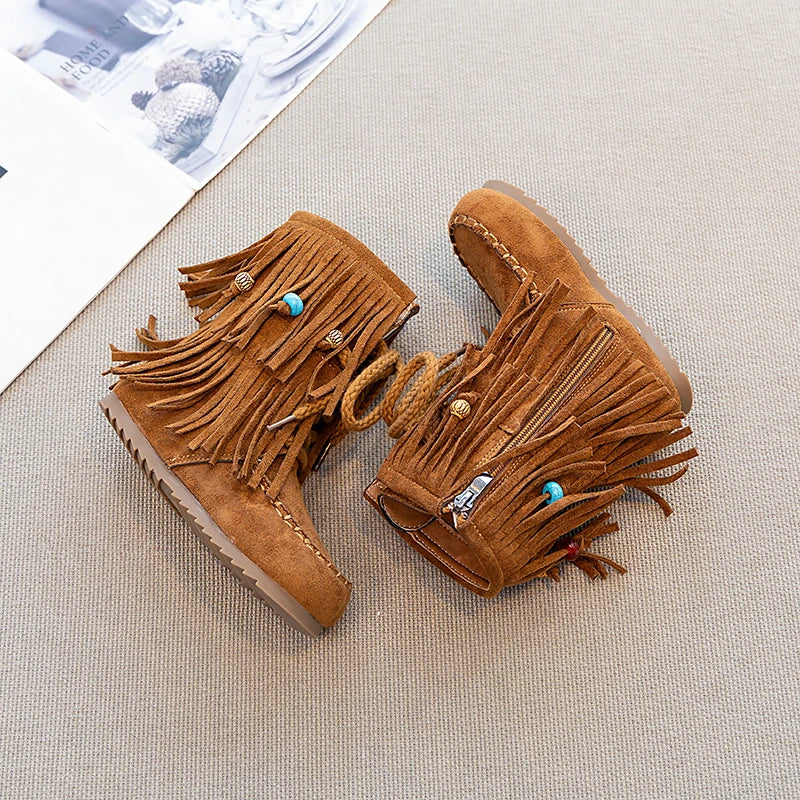 Girls Ankle Boots - Suede Beaded Fringe Retro Winter Shoes