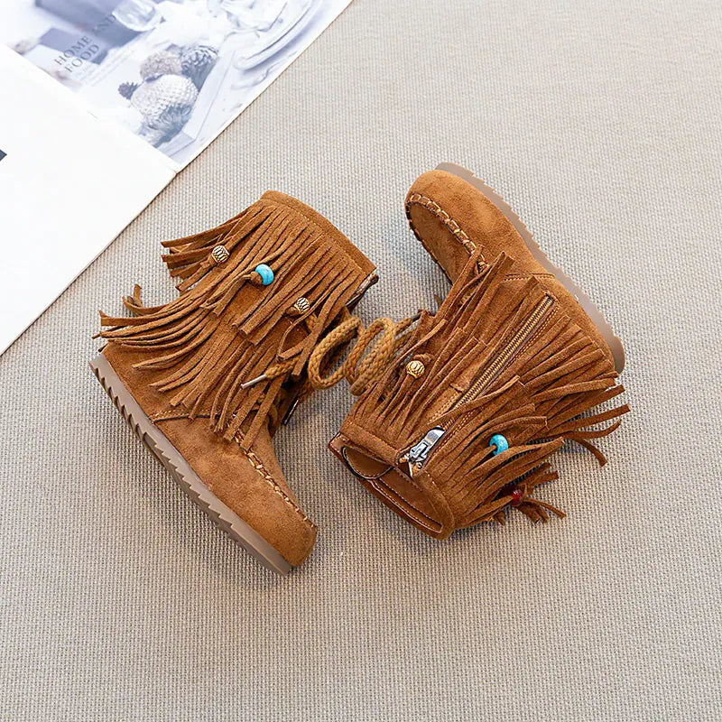 Camel / 27 Girls Ankle Boots - Suede Beaded Fringe Retro Winter Shoes